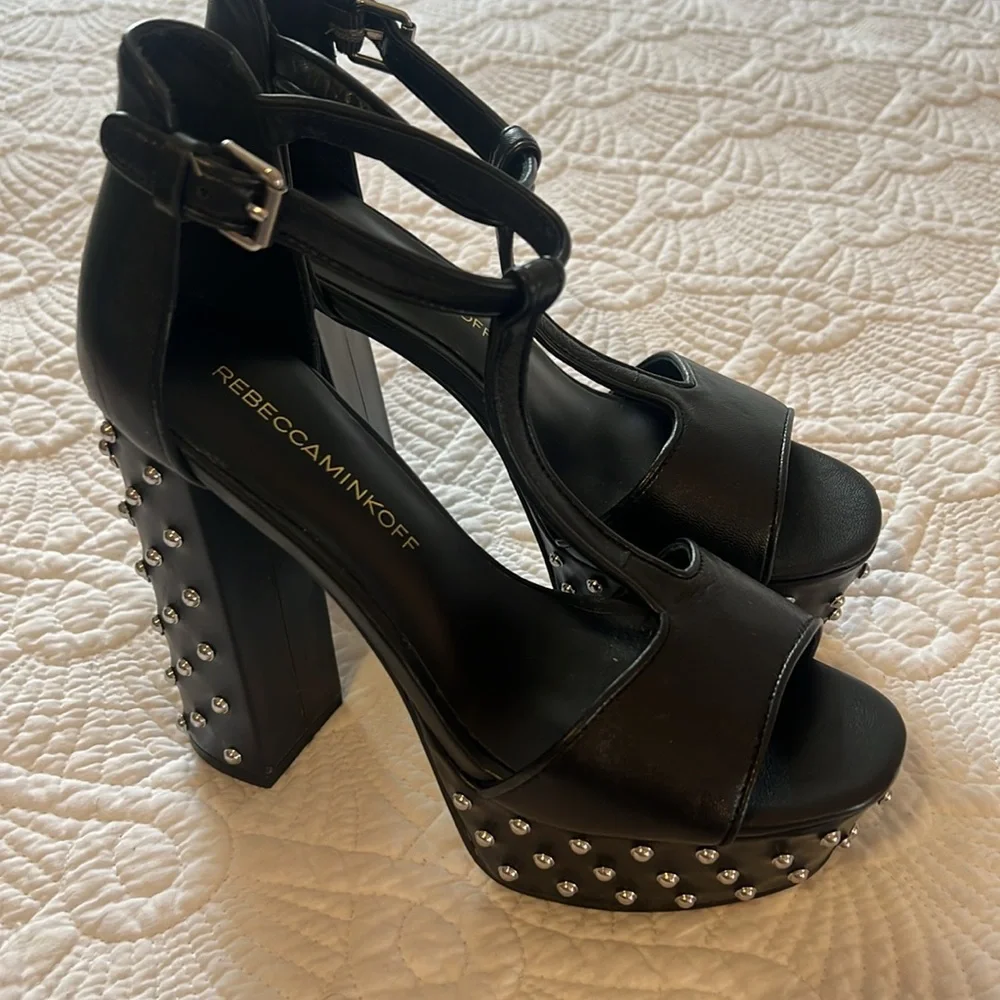 Rebecca Minkoff Black Leather Studded Platform T-Strap Sandals Heels